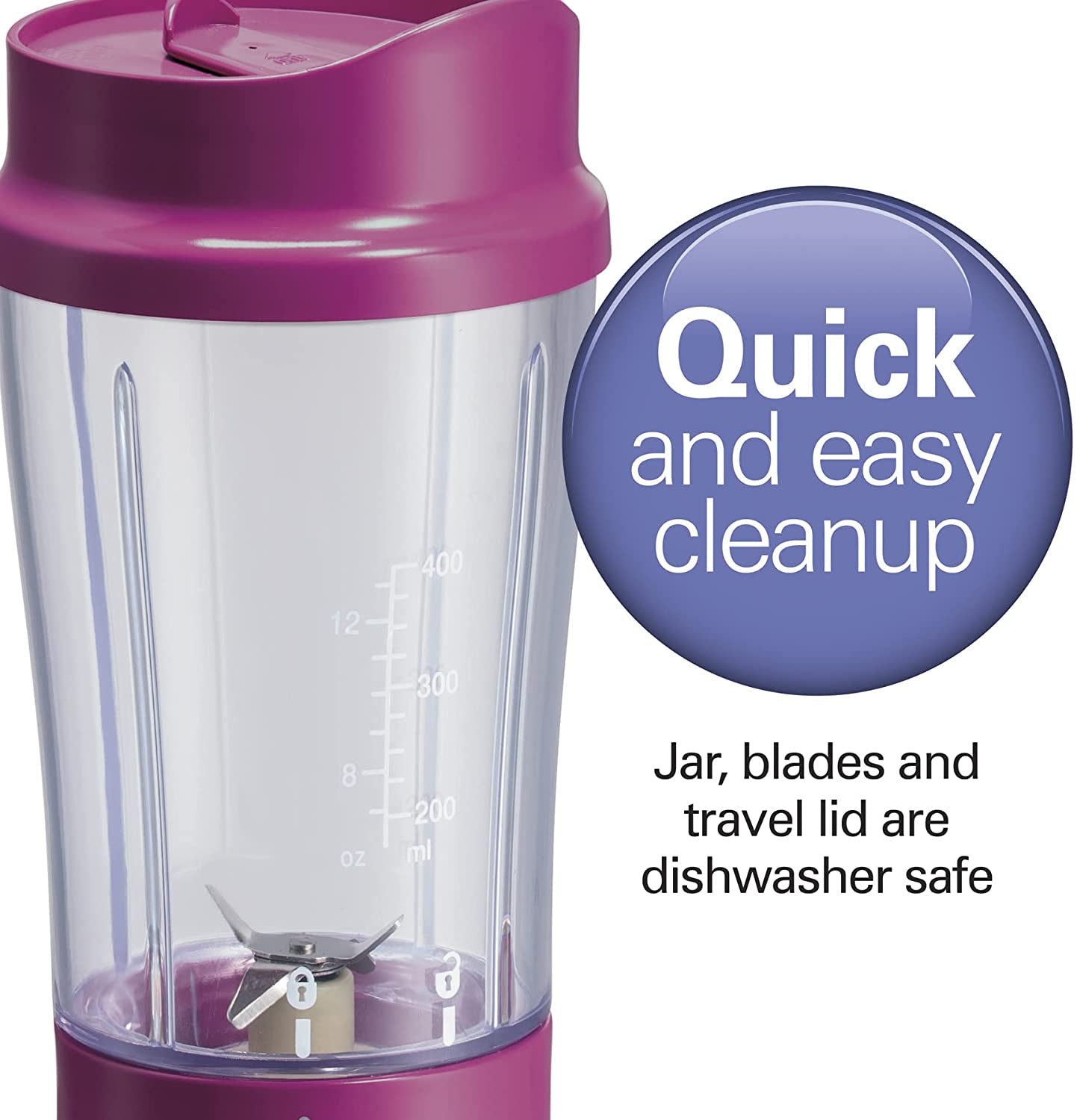 Portable Blender for Shakes and Smoothies with 14 Oz BPA Free Travel Cup and Lid, Durable Stainless Steel Blades for Powerful Blending Performance, Raspberry (51131)