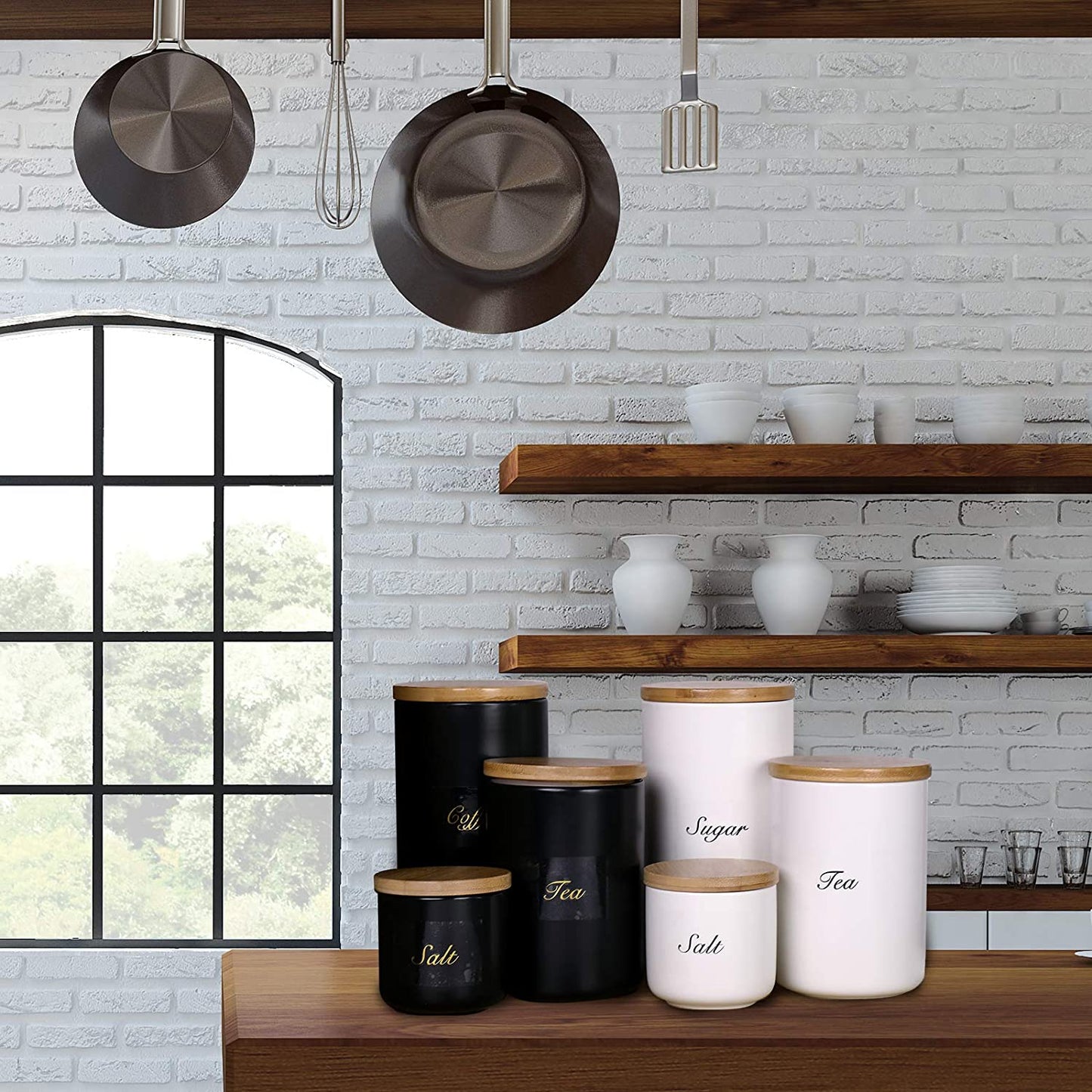 Black Canisters Sets for Kitchen-Set of 3 Kitchen Canisters with Airtight Bamboo Lids/Spoons/Stickers, Ceramic Kitchen Storage Containers for Large Flour,Suger,Coffee(42/30/9Oz)