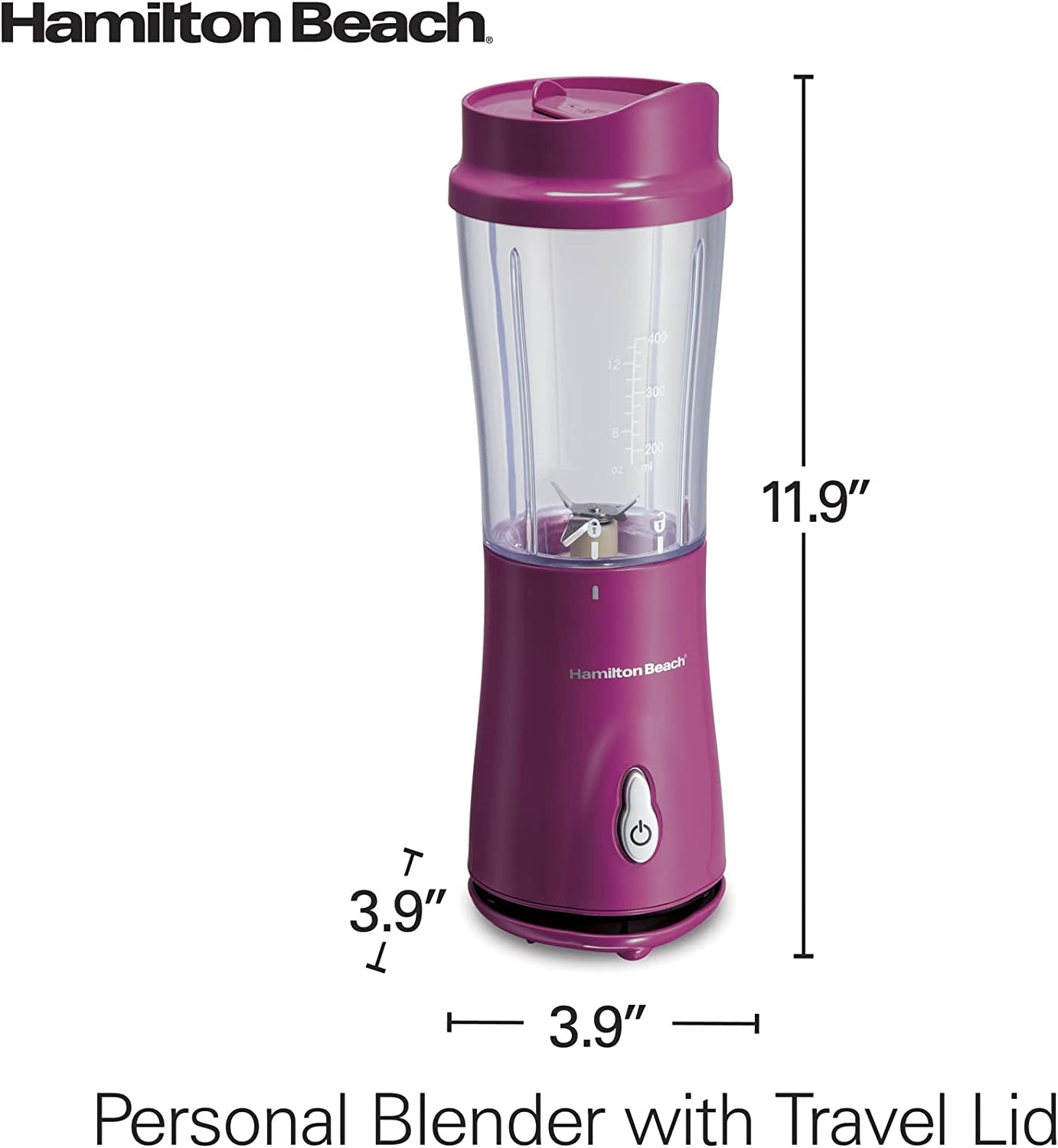 Portable Blender for Shakes and Smoothies with 14 Oz BPA Free Travel Cup and Lid, Durable Stainless Steel Blades for Powerful Blending Performance, Raspberry (51131)