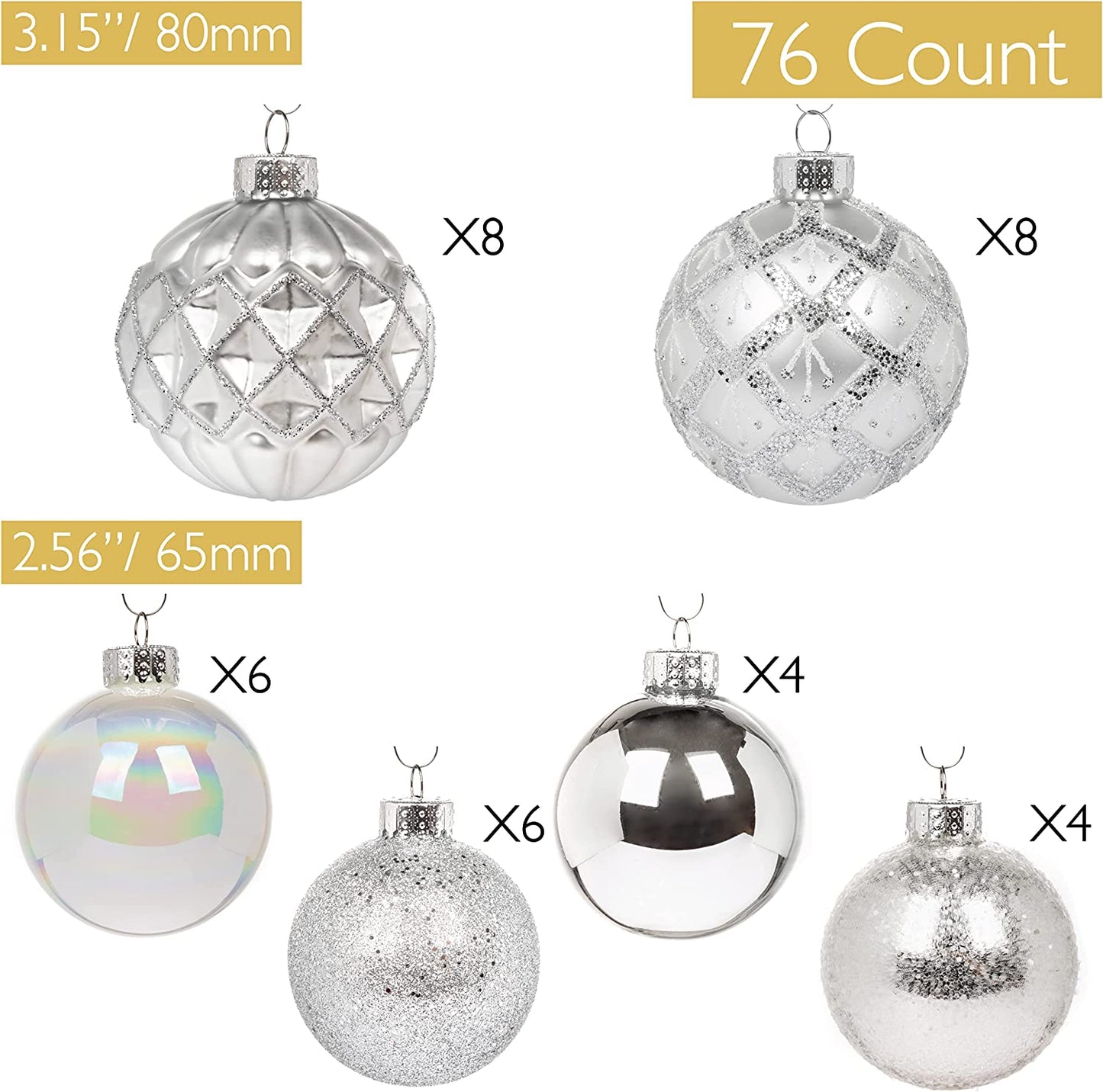 "Premium Set of 76 Glass Christmas Ball Ornaments for Trees - Elegant Holiday Decorations in Silver"