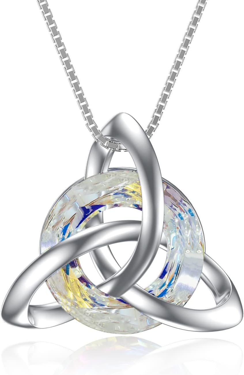 Sterling Silver Celtic Knot Necklace with Crystal Trinity Knot, Irish Gift Pendant Necklaces for Girls