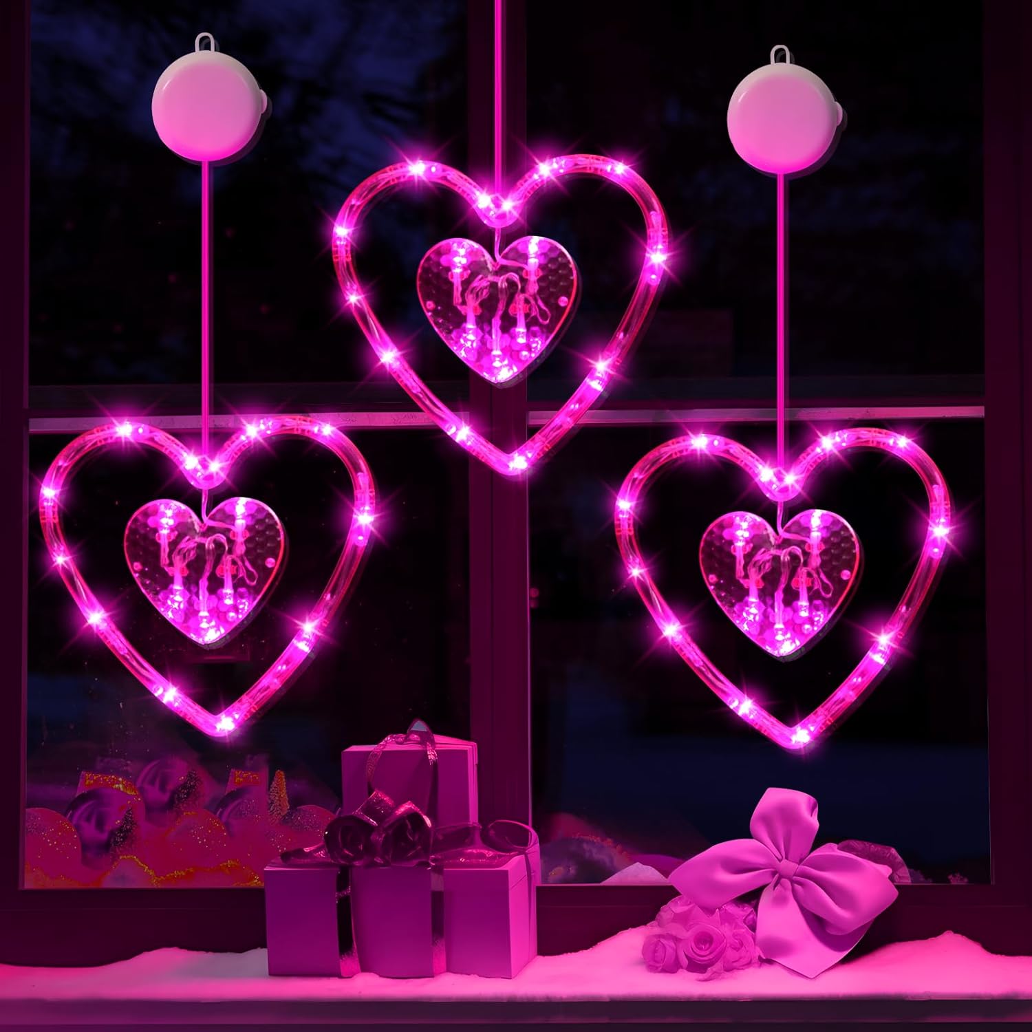 Valentines Day Window Lights Decorations (3 Pack) with Timer, Battery Powered Hanging Pink Lighted Heart