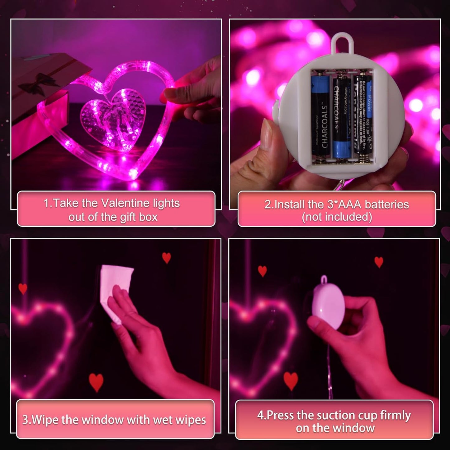 Valentines Day Window Lights Decorations (3 Pack) with Timer, Battery Powered Hanging Pink Lighted Heart