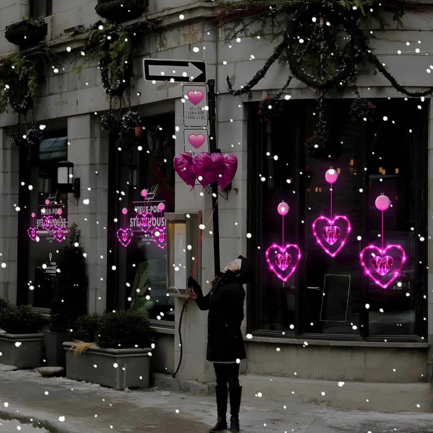 Valentines Day Window Lights Decorations (3 Pack) with Timer, Battery Powered Hanging Pink Lighted Heart