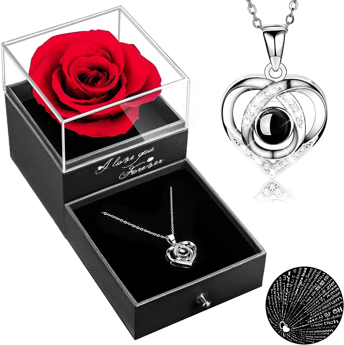 Valentines Day Gifts for Her Preserved Red Real Rose with I Love You Necklace -Eternal Flowers Rose Gifts for Mom Wife Girlfriend on Valentines Day Mothers Day Anniversary Birthday Gifts for Women