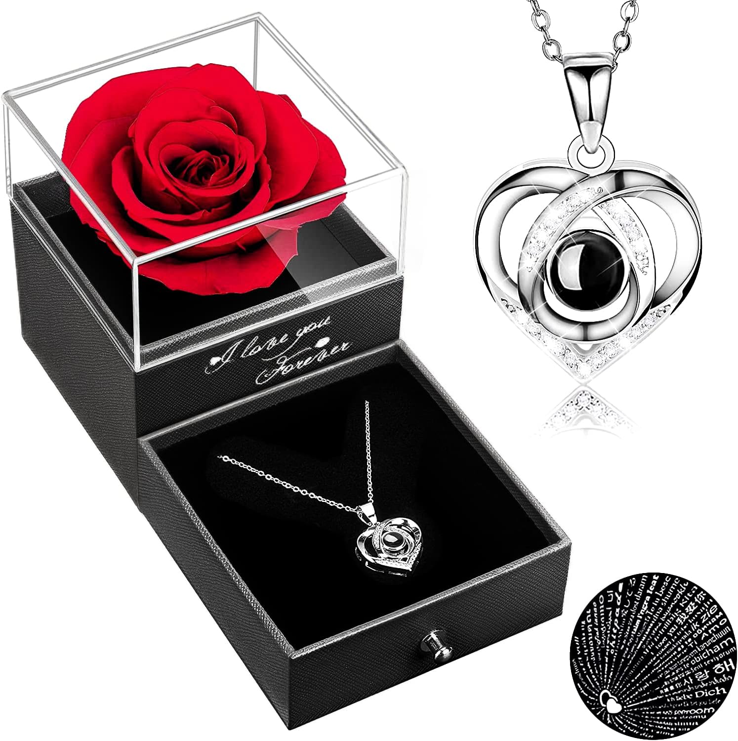 Valentines Day Gifts for Her Preserved Red Real Rose with I Love You Necklace -Eternal Flowers Rose Gifts for Mom Wife Girlfriend on Valentines Day Mothers Day Anniversary Birthday Gifts for Women