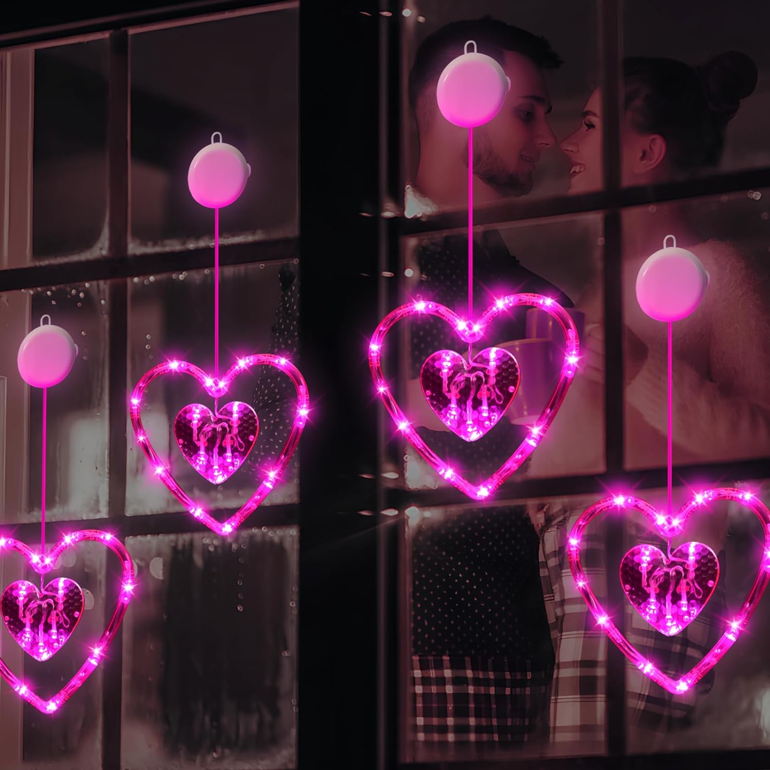 Valentines Day Window Lights Decorations (3 Pack) with Timer, Battery Powered Hanging Pink Lighted Heart