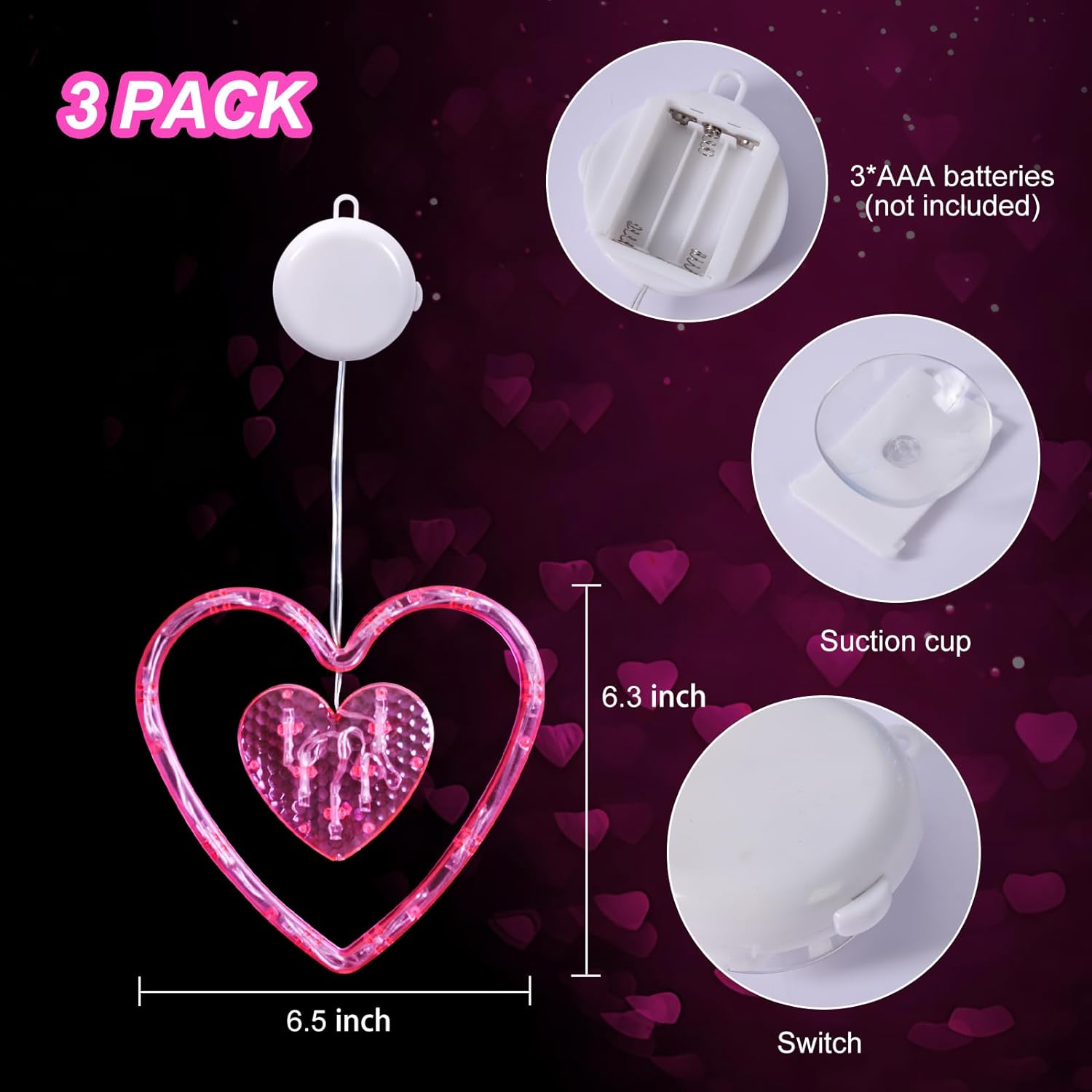 Valentines Day Window Lights Decorations (3 Pack) with Timer, Battery Powered Hanging Pink Lighted Heart