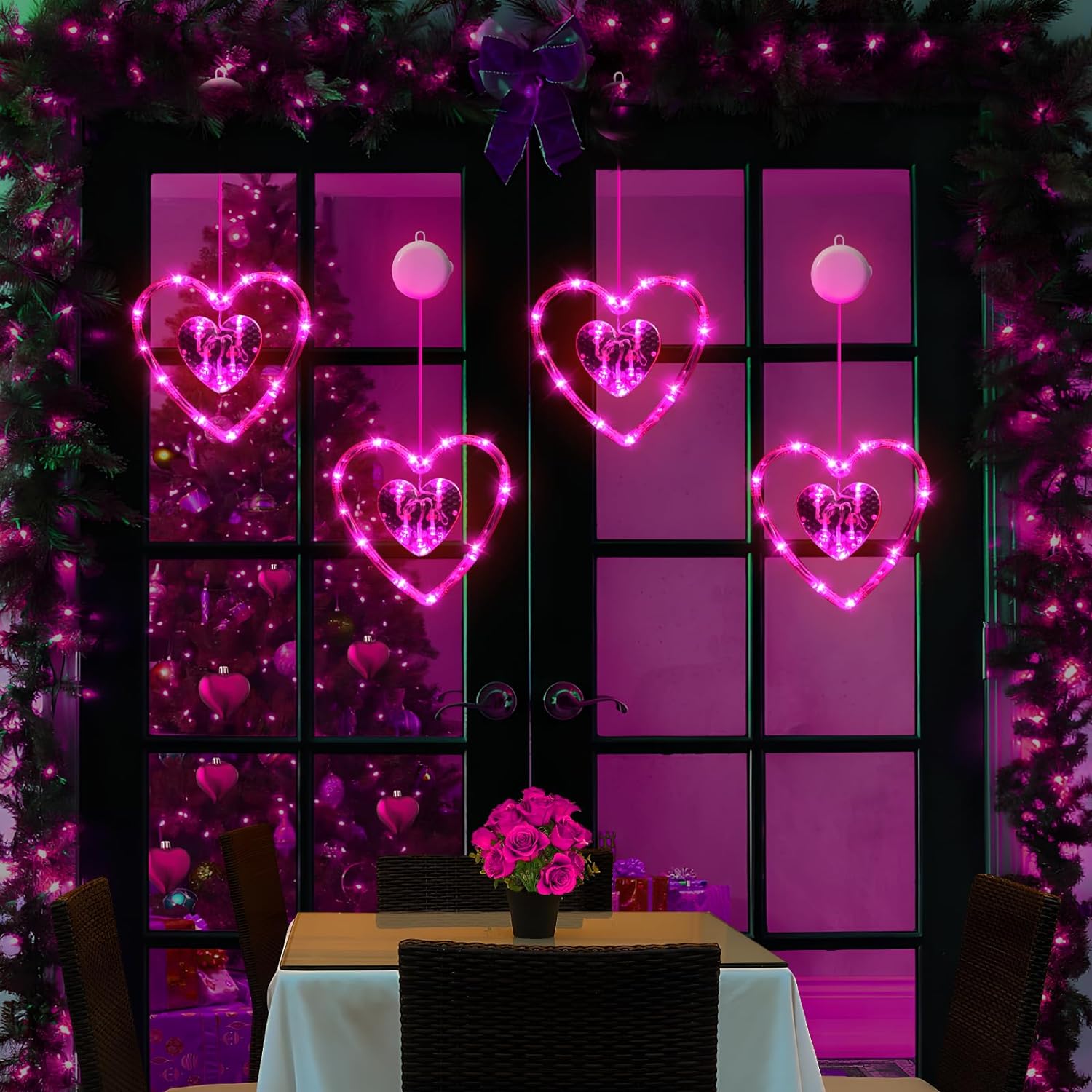 Valentines Day Window Lights Decorations (3 Pack) with Timer, Battery Powered Hanging Pink Lighted Heart