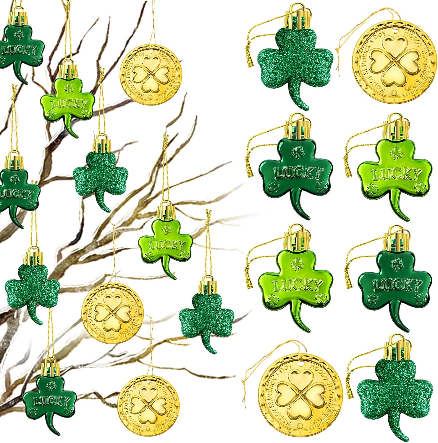 30 PCS St. Patrick'S Day Shamrocks Ornament Set, Good Luck Clover Hanging Bauble Trefoil Pendant Decoration for Keyring Tree Shelf Home Decor Irish Festival, 3 Style