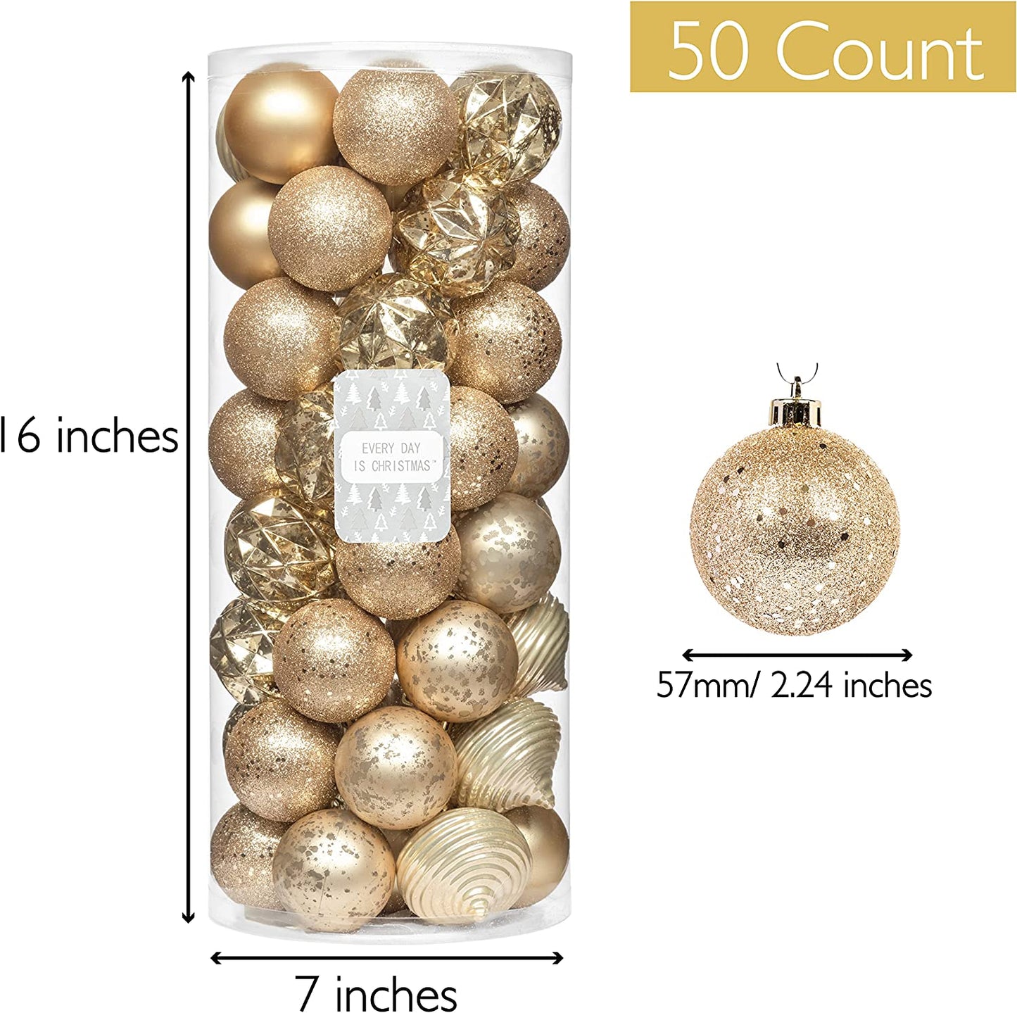 "Shatterproof Christmas Tree Ornament Set - Elegant 50 Count Christmas Balls Decoration (2.24"/57mm, New Gold)"