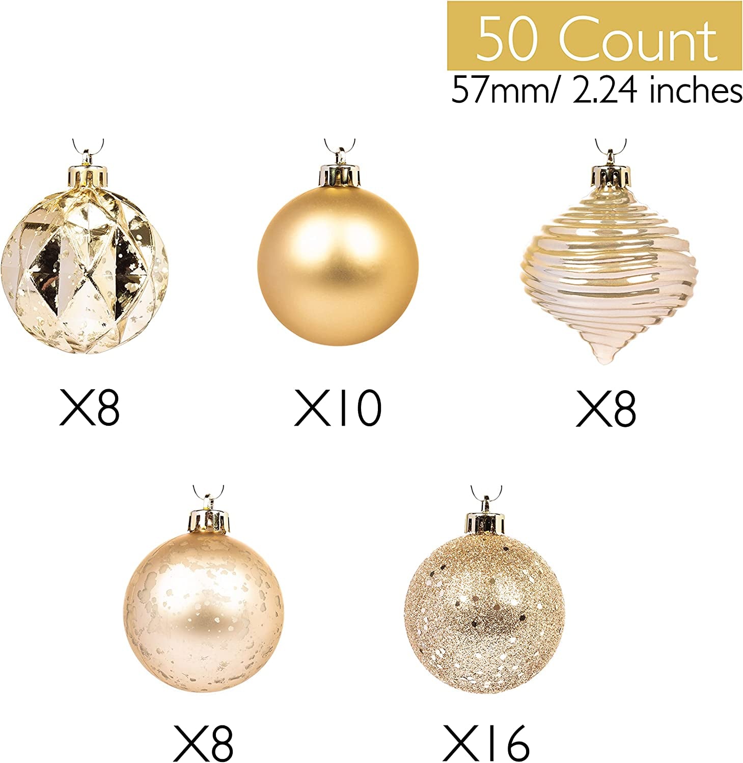 "Shatterproof Christmas Tree Ornament Set - Elegant 50 Count Christmas Balls Decoration (2.24"/57mm, New Gold)"