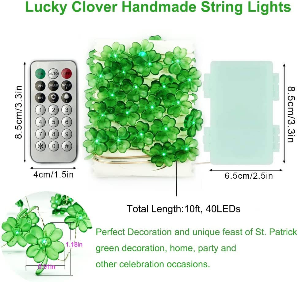 St Patricks Day Decorations Shamrocks String Lights Battery Operated with Remote 10 Ft 40 Leds Lucky Clover Green Lights for Bedroom Party Feast of Saint St. Patrick'S Day Decoration