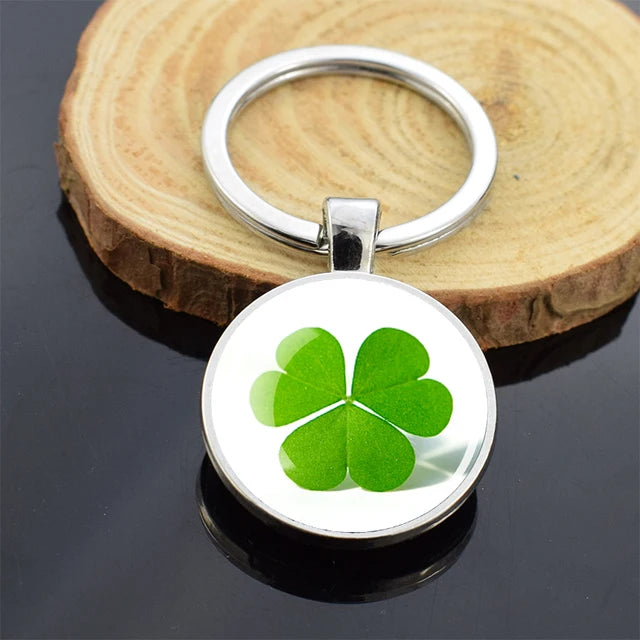 Four-Leaf Clover Keychains Glass Cabochon Double Sides Pendant Key Chain Lucky St Patrick'S Day Irish Jewelry Keyring Gift