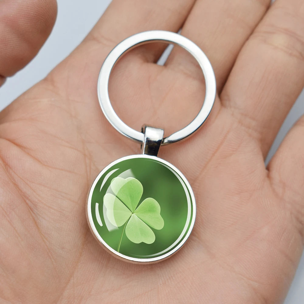 Four-Leaf Clover Keychains Glass Cabochon Double Sides Pendant Key Chain Lucky St Patrick'S Day Irish Jewelry Keyring Gift