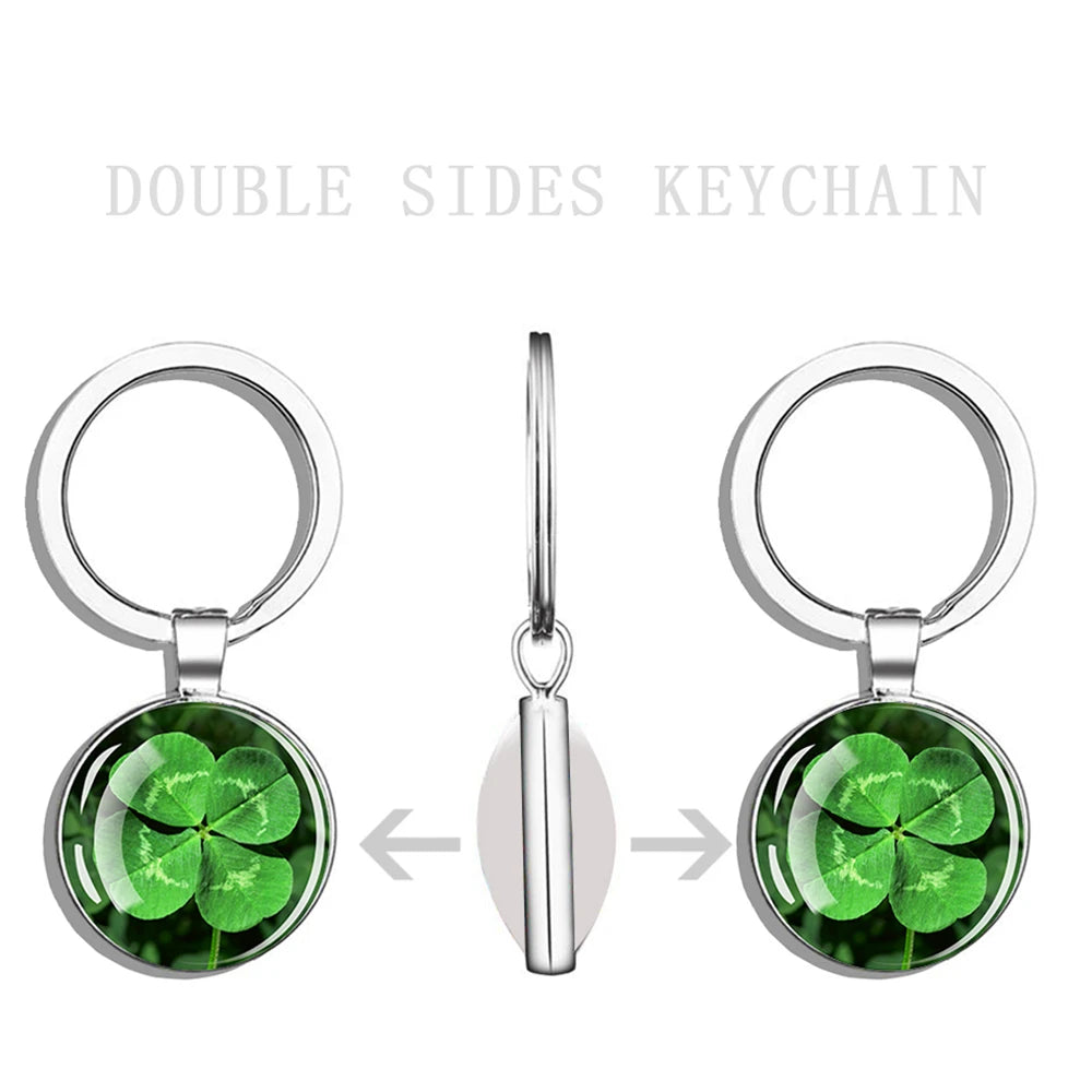 Four-Leaf Clover Keychains Glass Cabochon Double Sides Pendant Key Chain Lucky St Patrick'S Day Irish Jewelry Keyring Gift