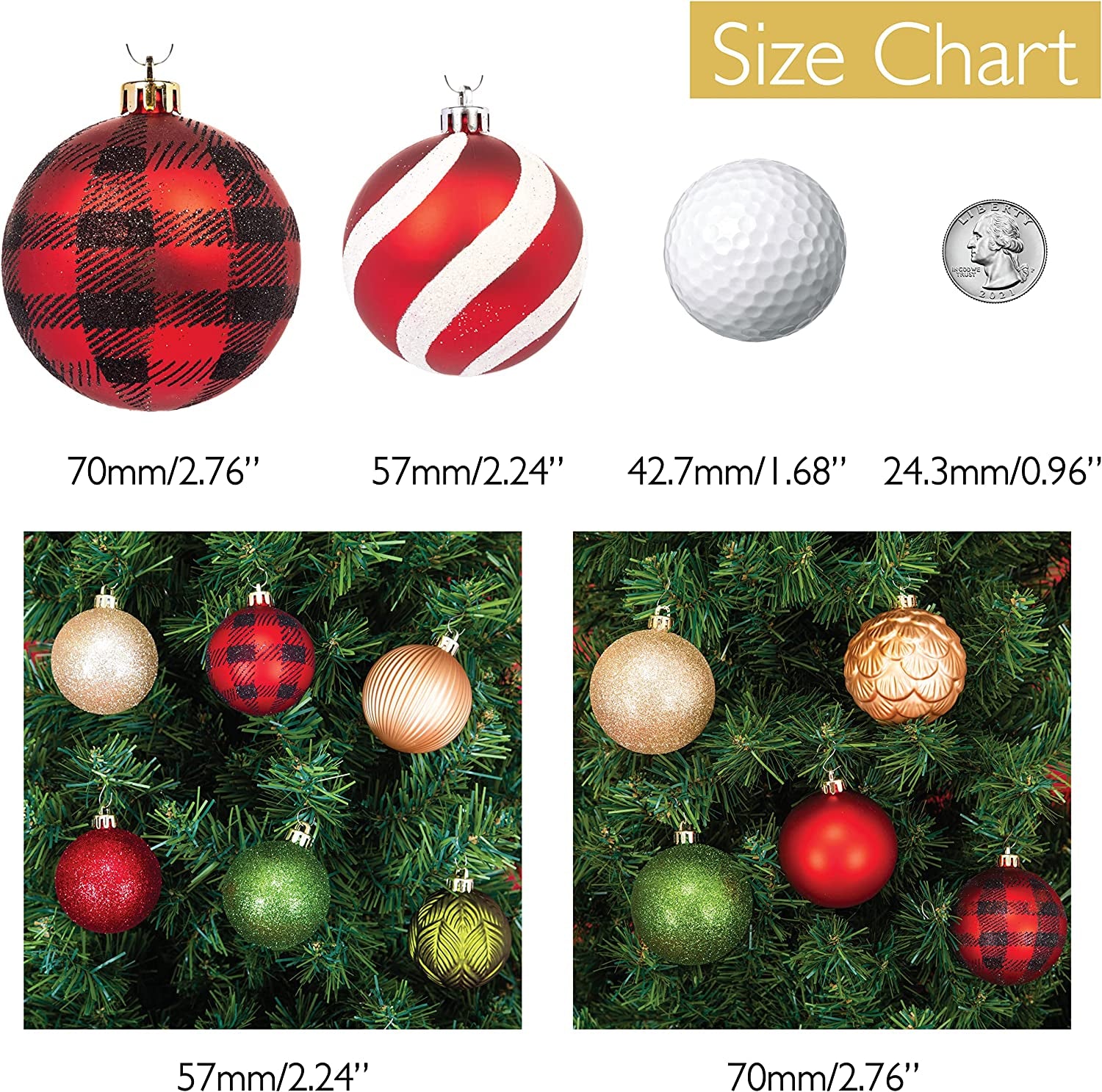 "Shatterproof Christmas Tree Ornament Set - Elegant 50 Count Christmas Balls Decoration (2.24"/57mm, New Gold)"