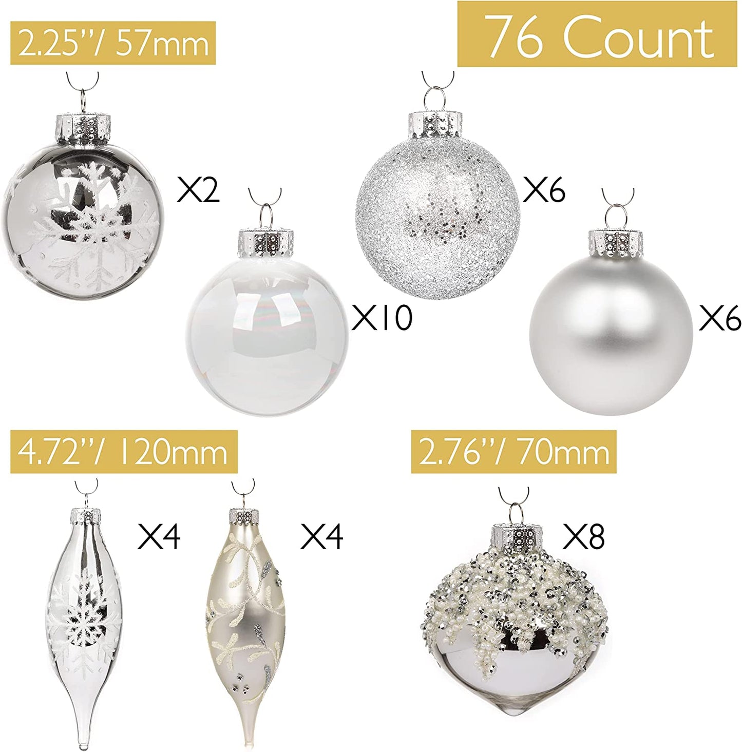 "Premium Set of 76 Glass Christmas Ball Ornaments for Trees - Elegant Holiday Decorations in Silver"